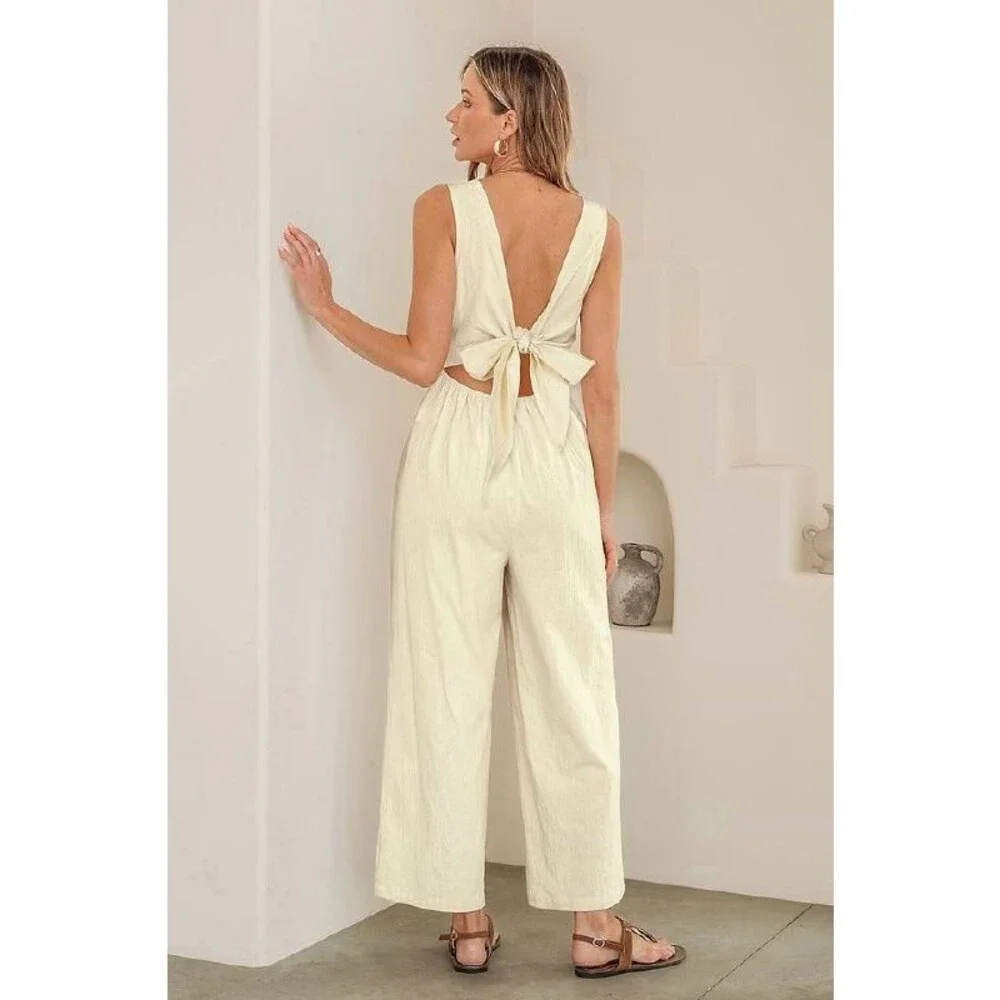 Cupshe High Society Beige Jumpsuit XL Wide Leg Bow Tie Back NWT Chic Outfit - Picture 2 of 9